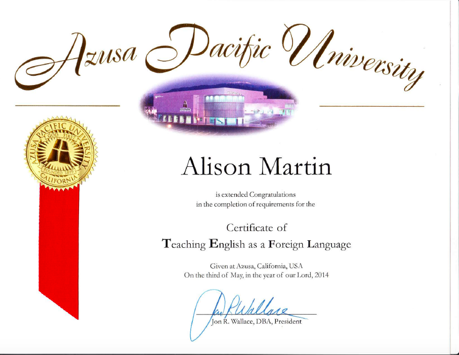 Certificate of Teaching English as a Foreign Language – Alison Martin